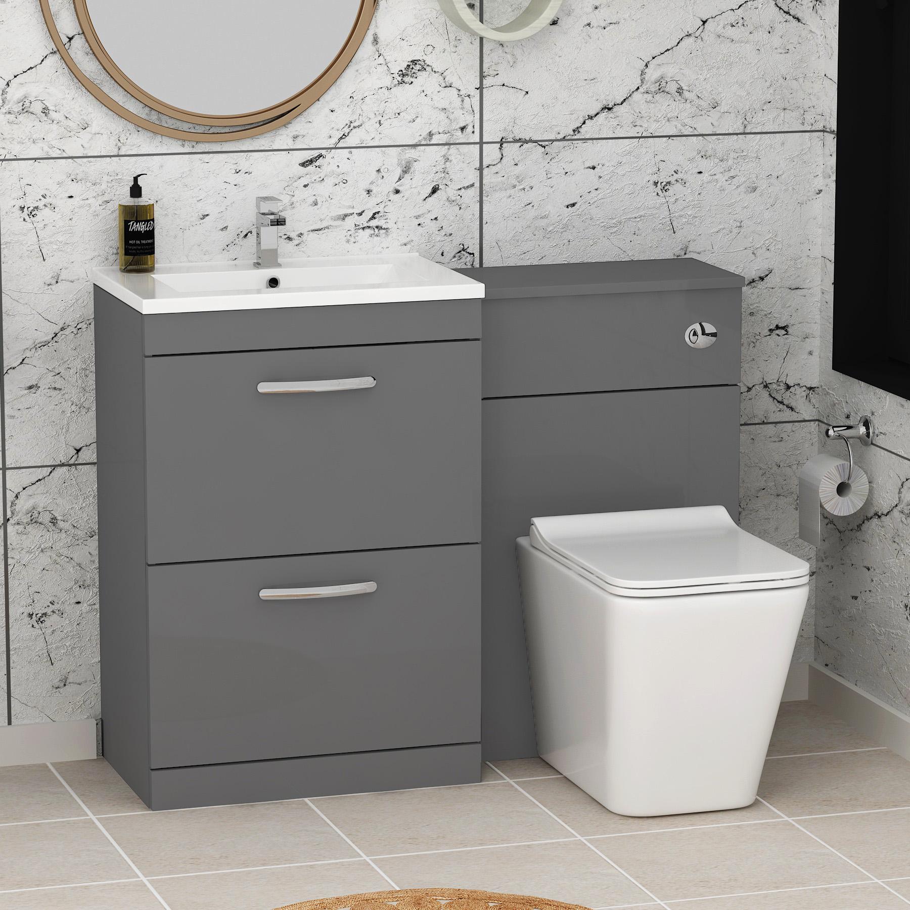 Turin 2-Drawer Indigo grey Gloss Minimalist Floor Standing Bathroom Furniture Pack - Slim Elena Toilet