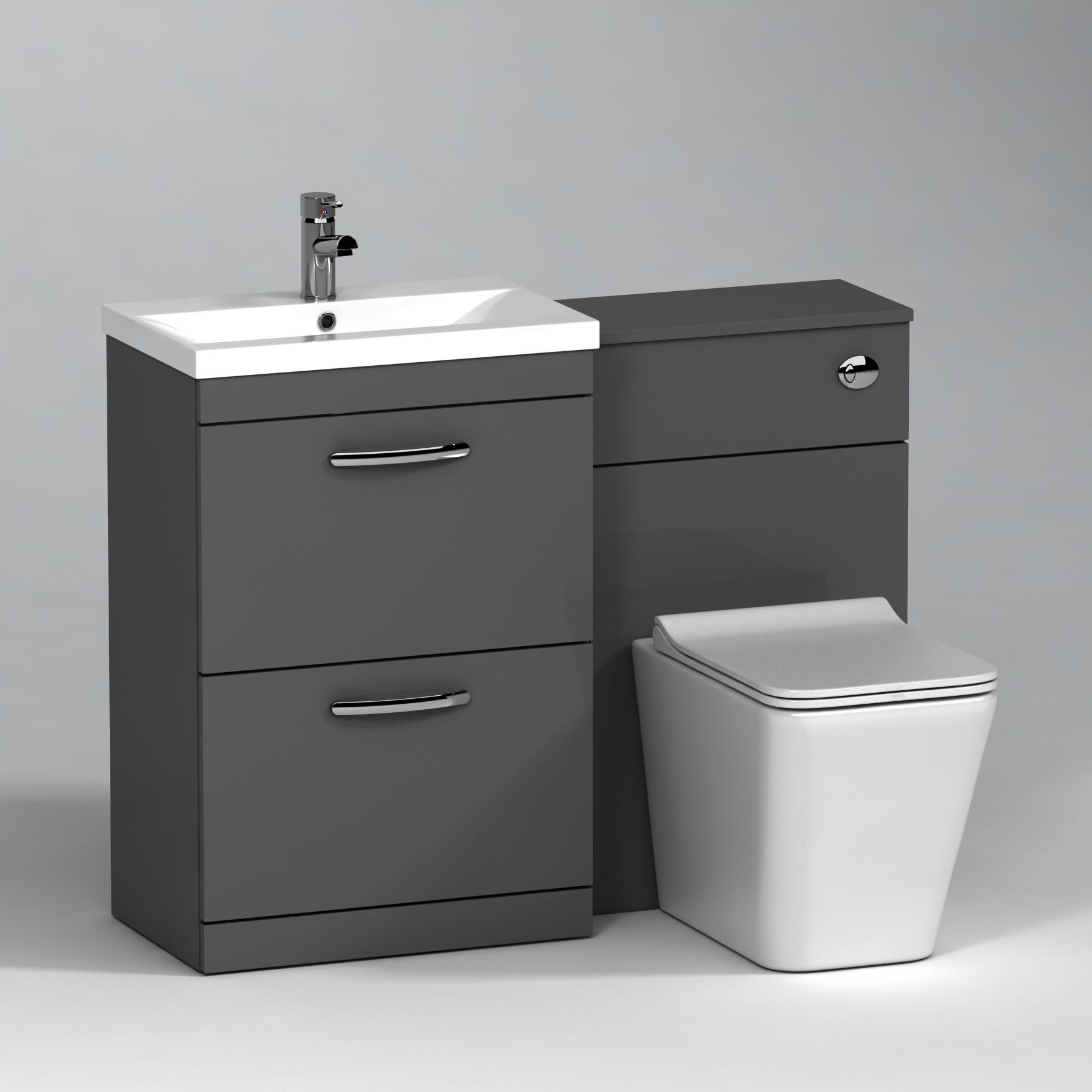 Turin 2-Drawer Indigo grey Gloss Mid-Edge Floor Standing Bathroom Furniture Pack - Slim Elena Toilet