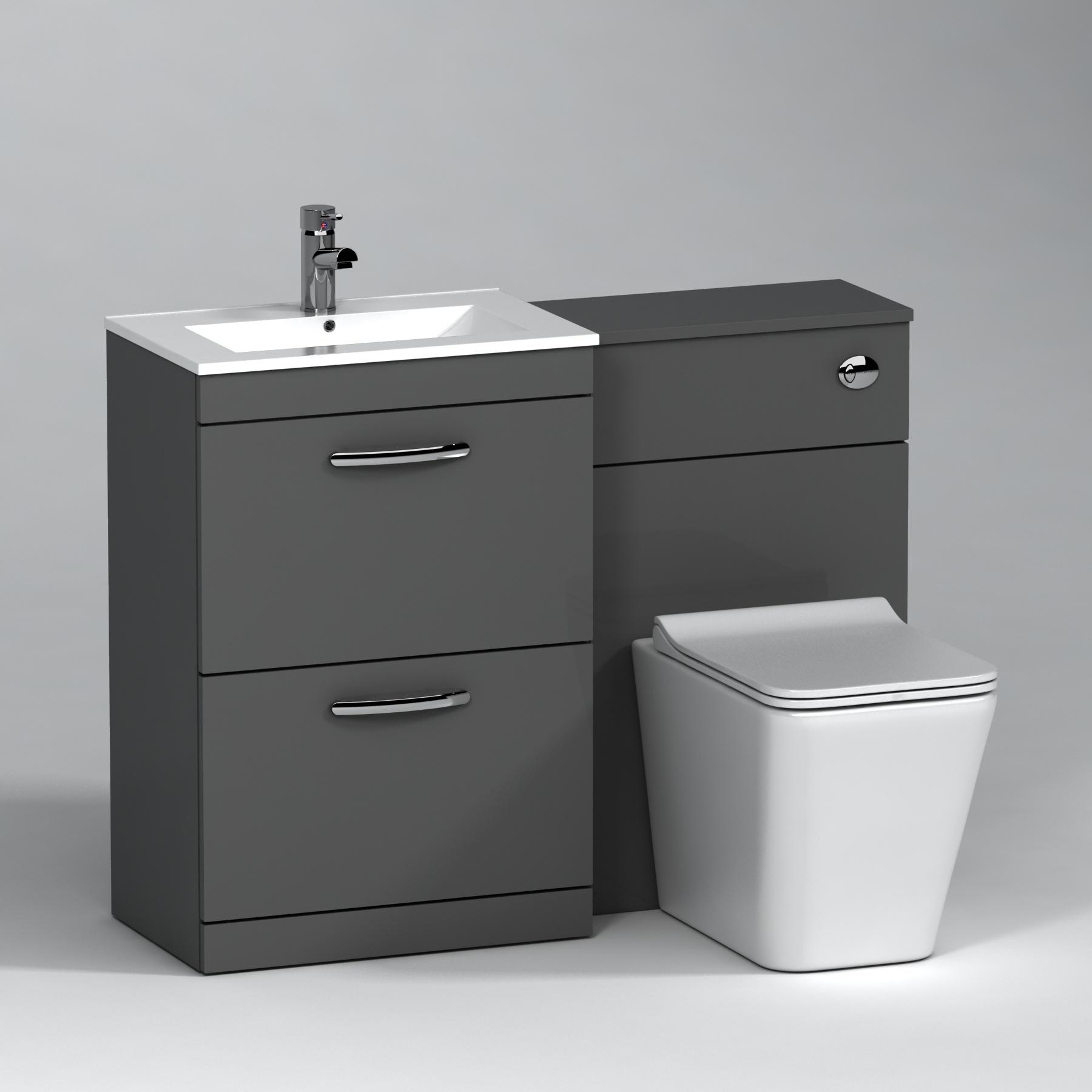 Turin 2-Drawer Indigo grey Gloss Minimalist Floor Standing Bathroom Furniture Pack - Slim Elena Toilet