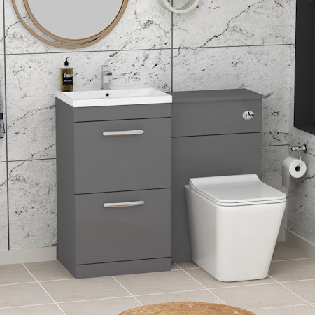 Turin 2-Drawer Indigo grey Gloss Mid-Edge Floor Standing Bathroom Furniture Pack - Slim Elena Toilet