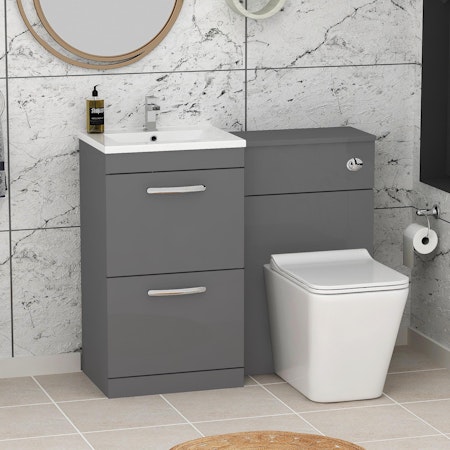 Turin 2-Drawer Indigo grey Gloss Minimalist Floor Standing Bathroom Furniture Pack - Slim Elena Toilet