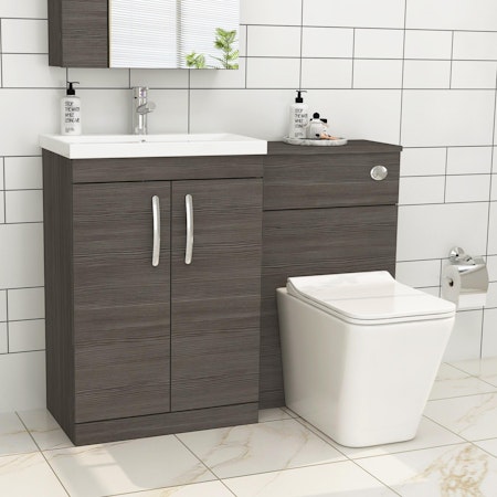 Turin 2-Door Grey Elm Mid-Edge Floor Standing Bathroom Furniture Pack - Slim Elena Toilet