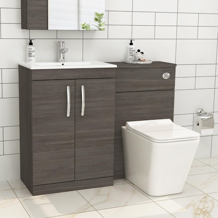 Turin 2-Door Grey Elm Minimalist Floor Standing Bathroom Furniture Pack - Slim Elena Toilet