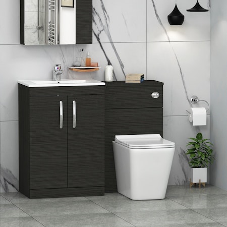 Turin 2-Door Hale Black Minimalist Floor Standing Bathroom Furniture Pack - Slim Elena Toilet