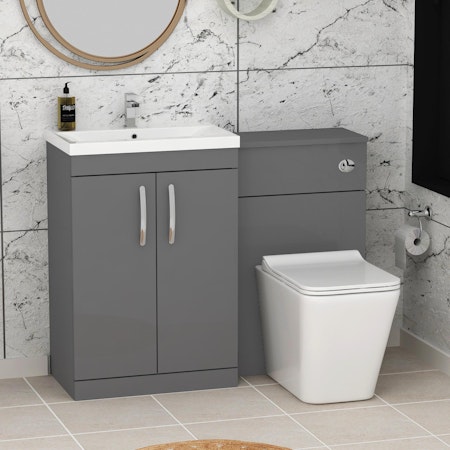 Turin 2-Door Indigo grey Gloss Mid-Edge Floor Standing Bathroom Furniture Pack - Slim Elena Toilet