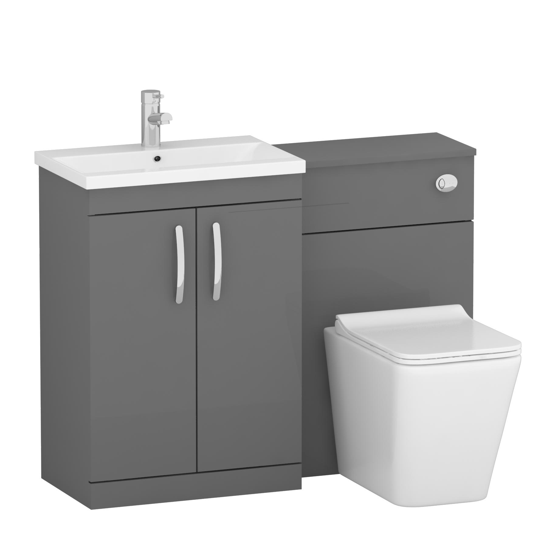 1100mm Indigo Grey Gloss 2 Doors Furniture Pack with Mid Edge Basin & Slim Elena Back to Wall Toilet