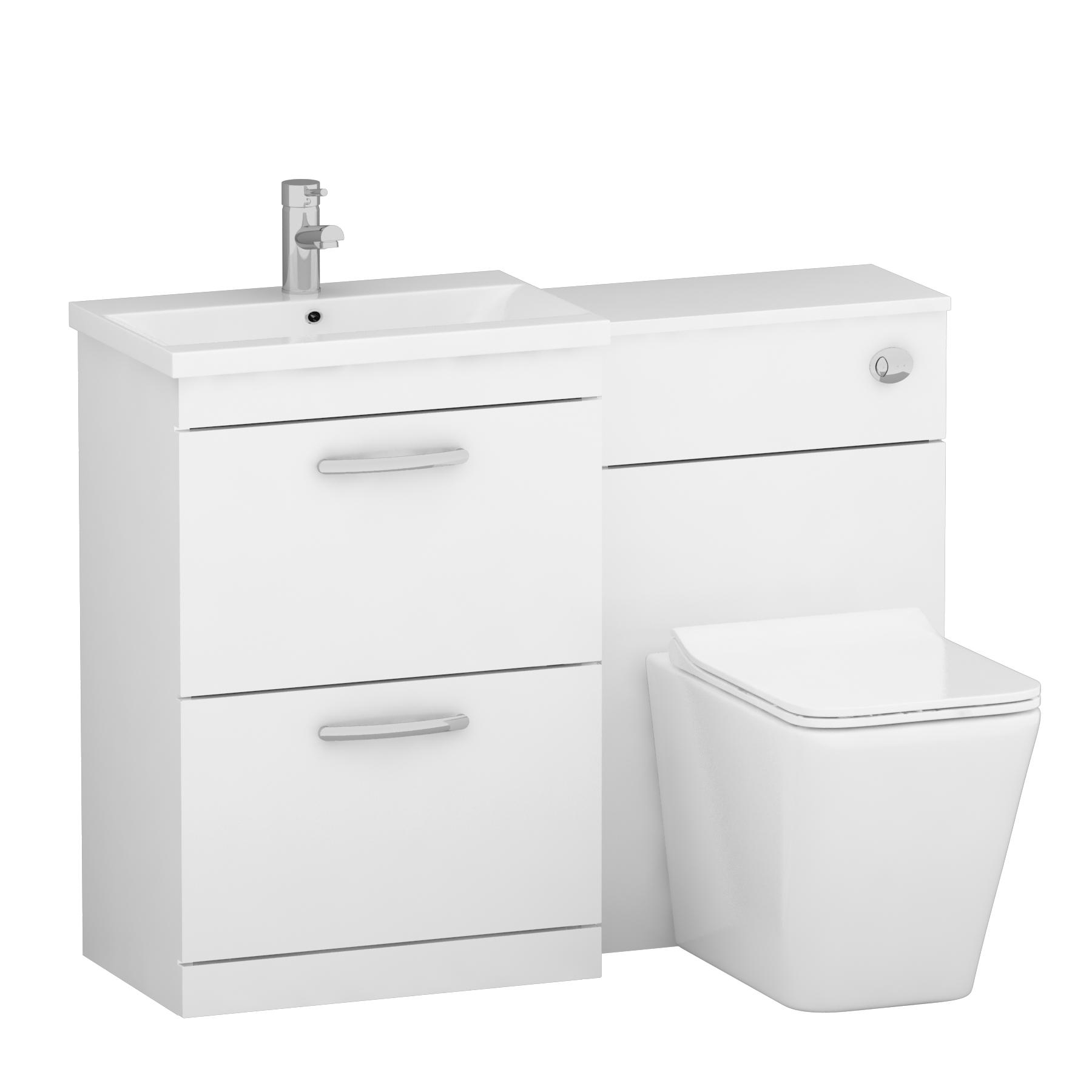 1100mm Gloss White 2 Drawer Furniture Pack with Mid Edge Basin & Slim Elena Back to Wall Toilet