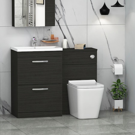 Turin 2-Drawer Hale Black Mid-Edge Floor Standing Bathroom Furniture Pack - Slim Elena Toilet