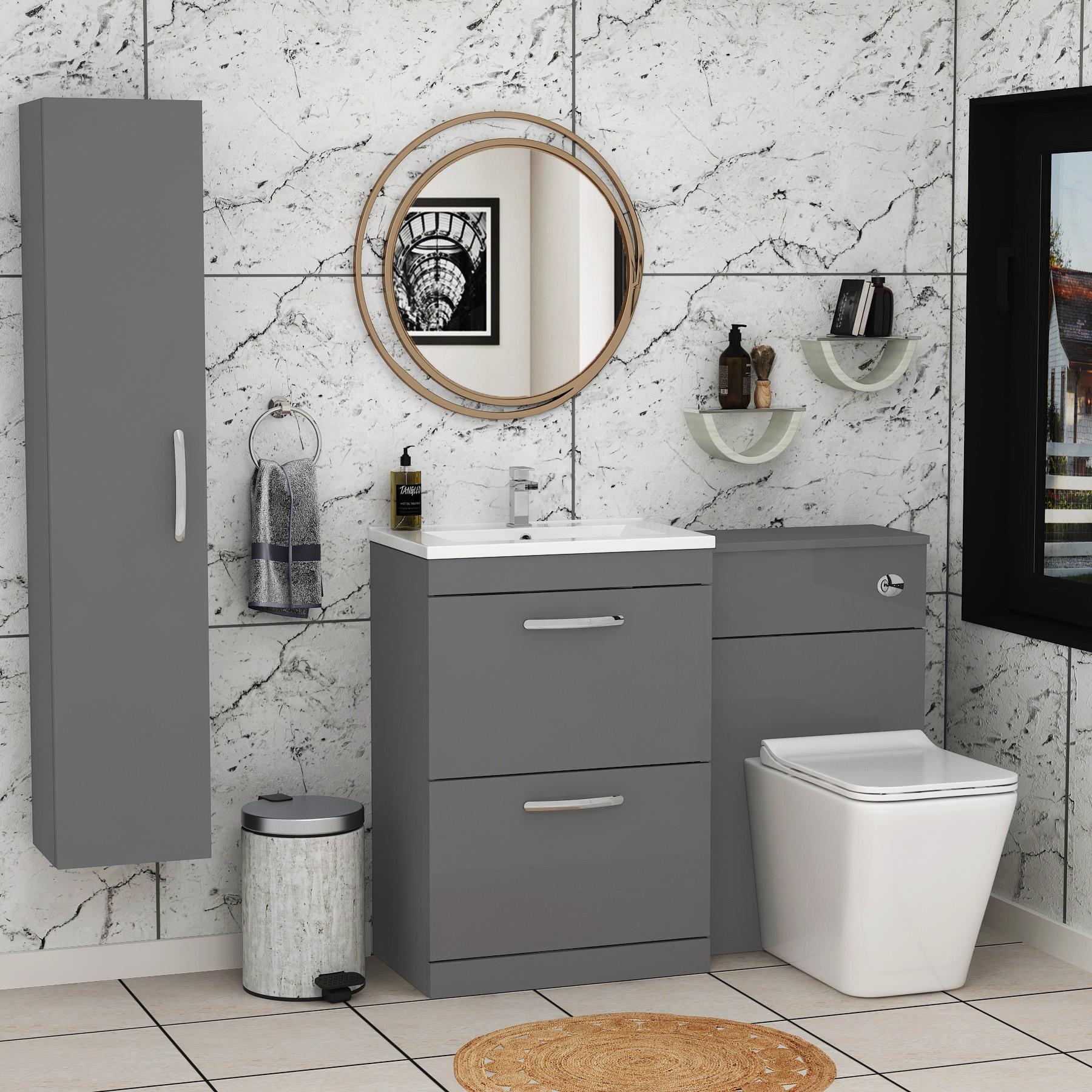 1100mm Indigo Grey Gloss 2 Drawer Furniture Pack with Minimalist Basin & Slim Elena Back to Wall Toilet