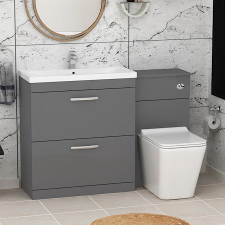 1300mm Indigo Grey Gloss 2 Drawer Furniture Pack with Mid Edge Basin & Slim Elena Back to Wall Toilet