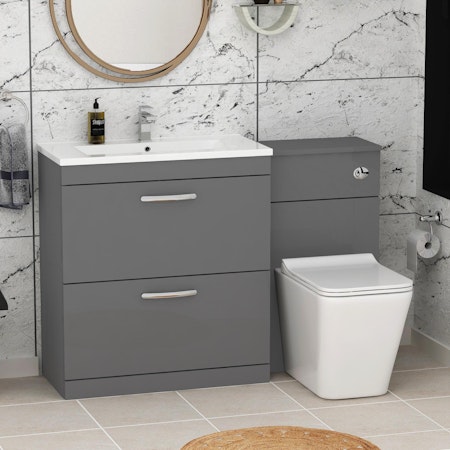 1300mm Indigo Grey Gloss 2 Drawer Furniture Pack with Minimalist Basin & Slim Elena Back to Wall Toilet