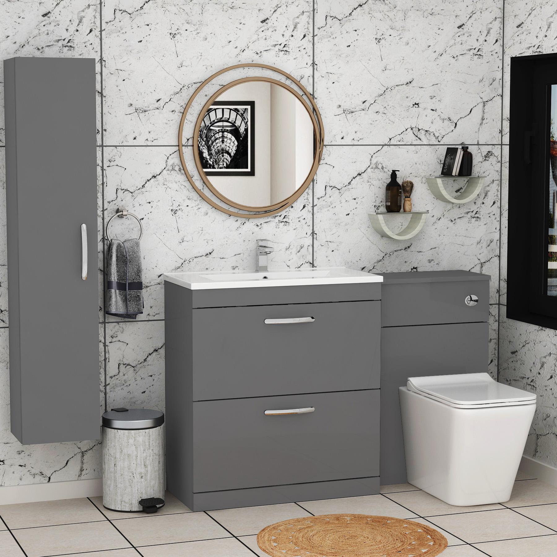 1300mm Indigo Grey Gloss 2 Drawer Furniture Pack with Minimalist Basin & Slim Elena Back to Wall Toilet