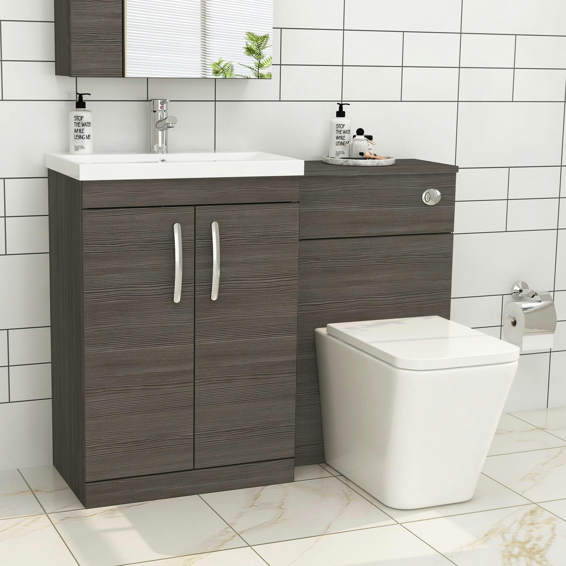 Turin 2-Door Grey Elm Mid-Edge Floor Standing Bathroom Furniture Pack -  Elena Toilet