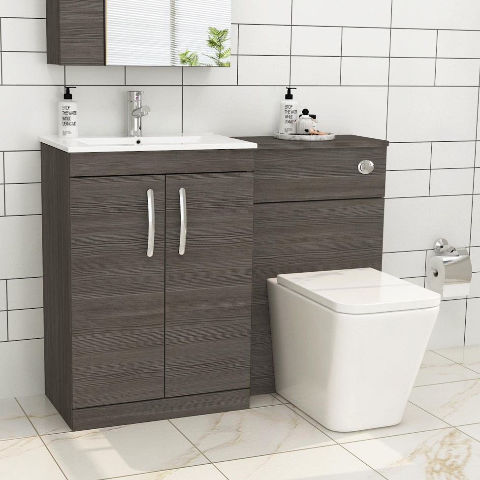 Turin 2-Door Grey Elm Minimalist Floor Standing Bathroom Furniture Pack -  Elena Toilet