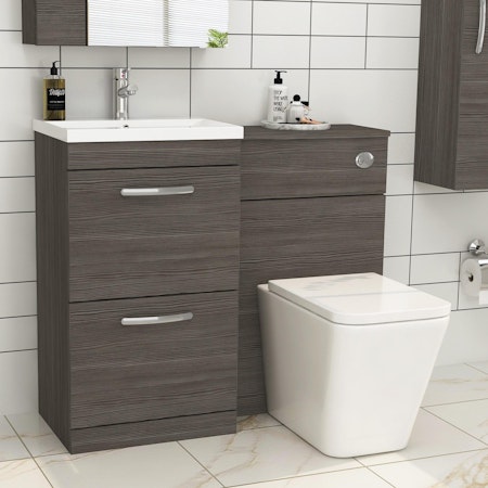 Turin 2-Drawer Grey Elm Mid-Edge Floor Standing Bathroom Furniture Pack - Elena Toilet