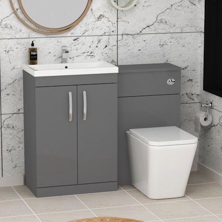 1100mm Indigo Grey Gloss 2 Doors Furniture Pack with Mid Edge Basin & Elena Back to Wall Toilet