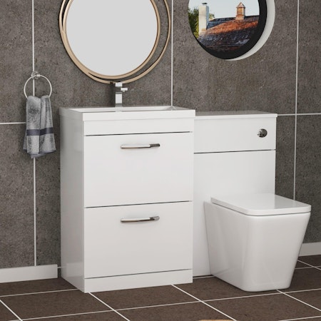 Turin 2-Drawer Gloss White Mid-Edge Floor Standing Bathroom Furniture Pack - Elena Toilet