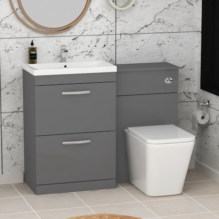 Turin 2-Drawer Indigo grey Gloss Mid-Edge Floor Standing Bathroom Furniture Pack - Elena Toilet