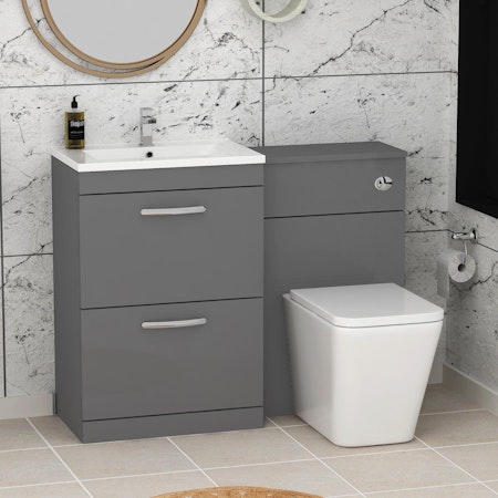 1100mm Indigo Grey Gloss 2 Drawer Furniture Pack with Minimalist Basin & Elena Back to Wall Toilet
