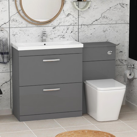 1300mm Indigo Grey Gloss 2 Drawer Furniture Pack with Mid Edge Basin & Elena Back to Wall Toilet