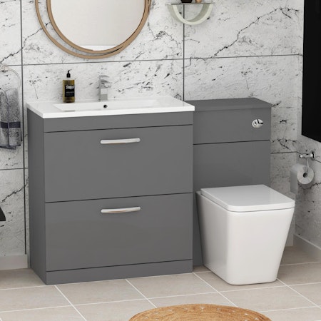 Turin 2-Drawer Indigo grey Gloss Minimalist Floor Standing Bathroom Furniture Pack - Elena Toilet