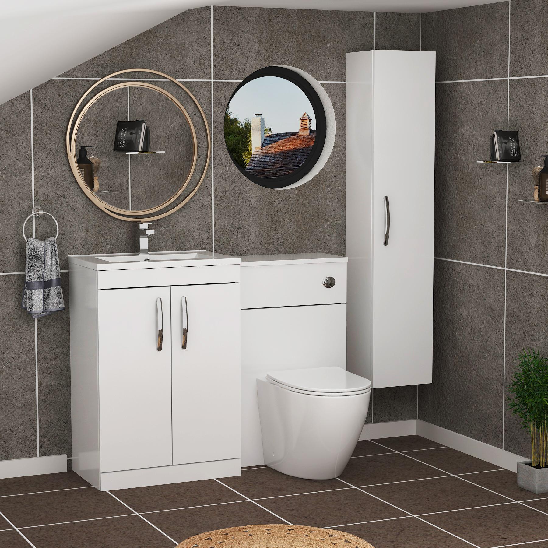 1100mm Gloss White 2 Doors Furniture Pack with Minimalist Basin & Slim Elva Back to Wall Toilet