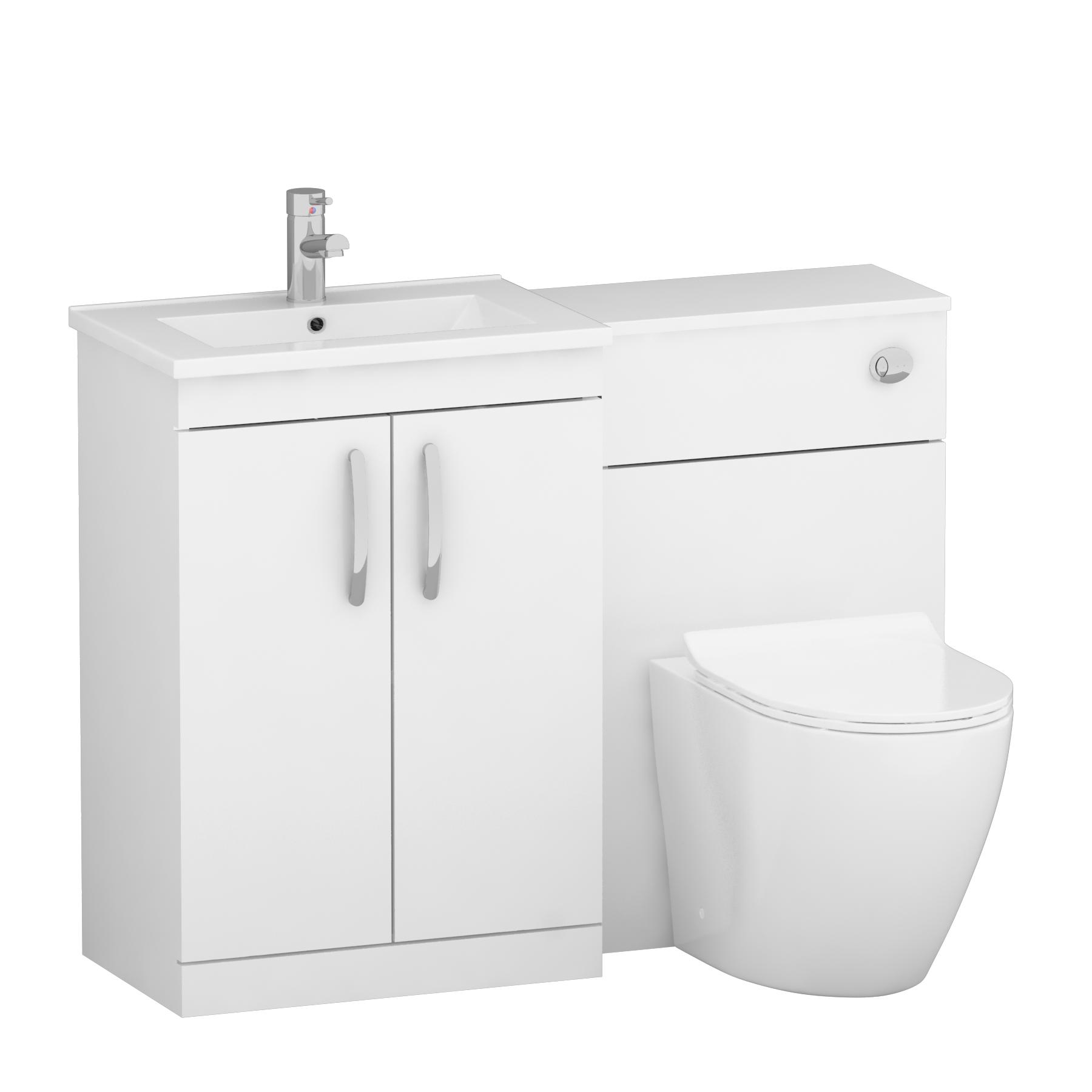 1100mm Gloss White 2 Doors Furniture Pack with Minimalist Basin & Slim Elva Back to Wall Toilet