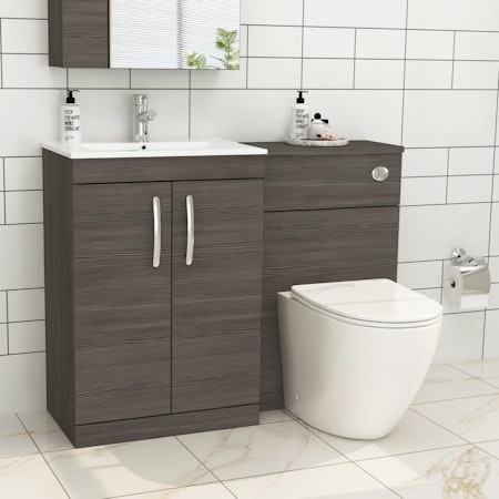 Turin 2-Door Grey Elm Minimalist Floor Standing Bathroom Furniture Pack - Slim Abacus Toilet