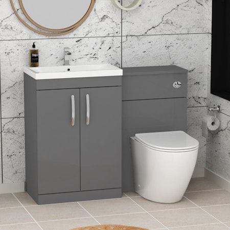 1100mm Indigo Grey Gloss 2 Doors Furniture Pack with Mid Edge Basin & Slim Abacus Back to Wall Toilet