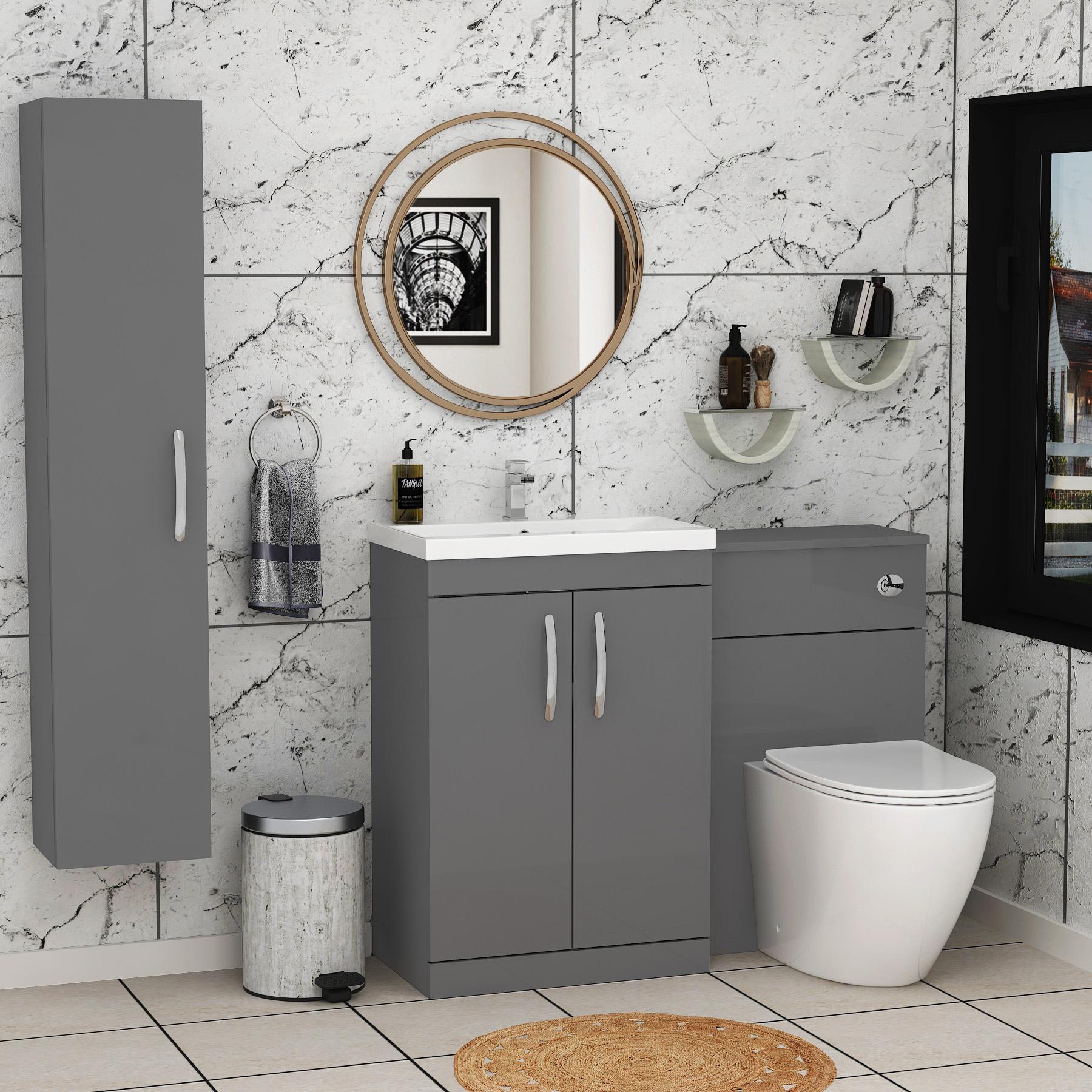 1100mm Indigo Grey Gloss 2 Doors Furniture Pack with Mid Edge Basin & Slim Elva Back to Wall Toilet