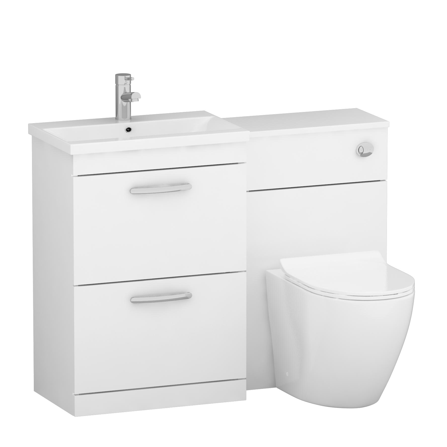 1100mm Gloss White 2 Drawer Furniture Pack with Mid Edge Basin & Slim Elva Back to Wall Toilet
