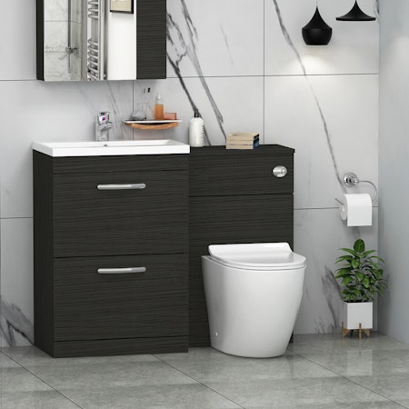 1100mm Hale Black 2 Drawer Furniture Pack with Mid Edge Basin & Slim Abacus Back to Wall Toilet
