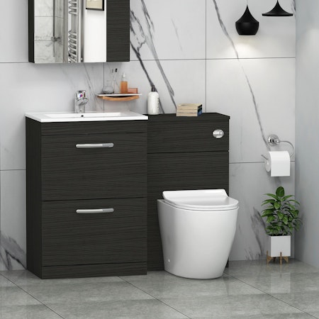 1100mm Hale Black 2 Drawer Furniture Pack with Minimalist Basin & Slim Abacus Back to Wall Toilet