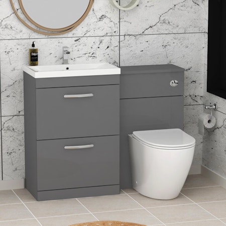 1100mm Indigo Grey Gloss 2 Drawer Furniture Pack with Mid Edge Basin & Slim Abacus Back to Wall Toilet