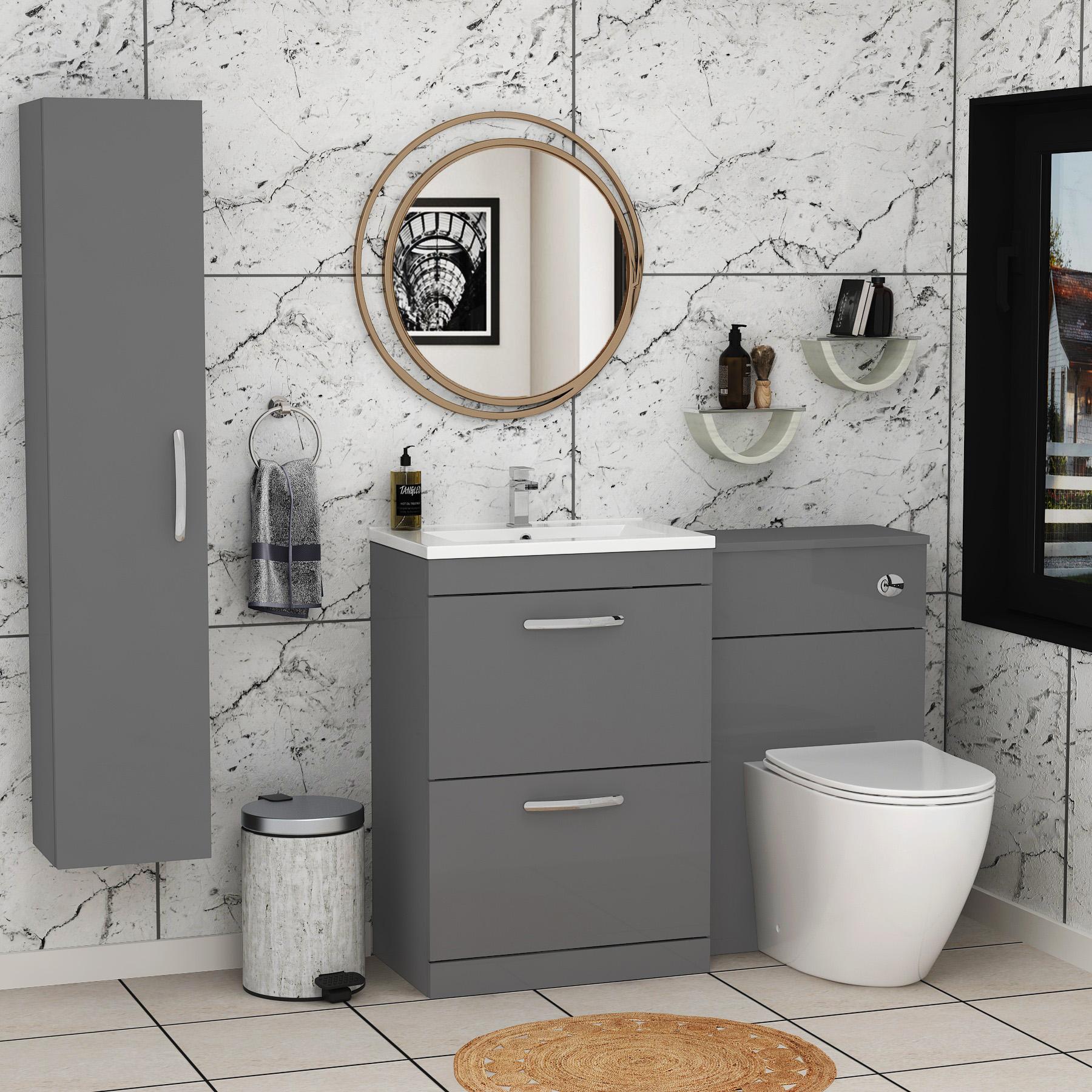 1100mm Indigo Grey Gloss 2 Drawer Furniture Pack with Minimalist Basin & Slim Elva Back to Wall Toilet