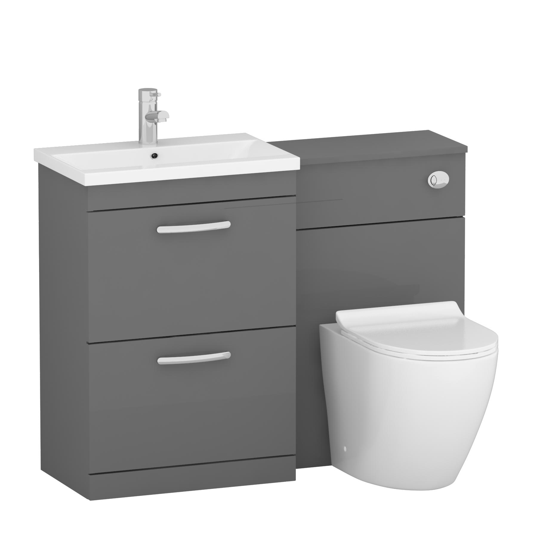 1100mm Indigo Grey Gloss 2 Drawer Furniture Pack with Mid Edge Basin & Slim Elva Back to Wall Toilet