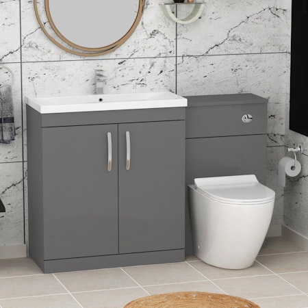 1300mm Indigo Grey Gloss 2 Doors Furniture Pack with Mid Edge Basin & Slim Abacus Back to Wall Toilet