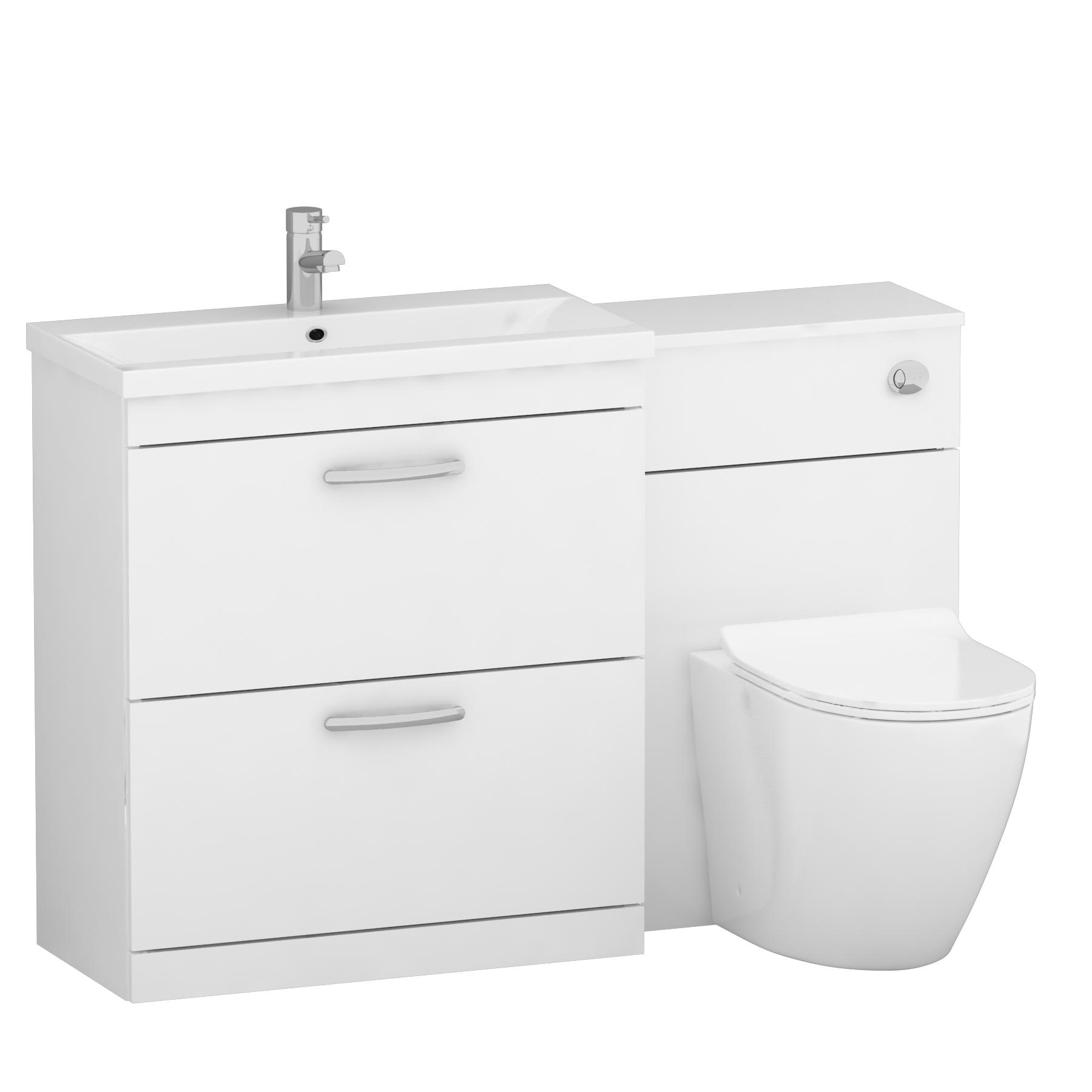1300mm Gloss White 2 Drawer Furniture Pack with Mid Edge Basin & Slim Elva Back to Wall Toilet