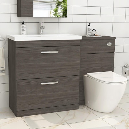 1300mm Grey Elm 2 Drawer Furniture Pack with Mid Edge Basin & Slim Abacus Back to Wall Toilet