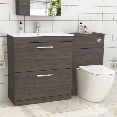 1300mm Grey Elm 2 Drawer Furniture Pack with Minimalist Basin & Slim Abacus Back to Wall Toilet