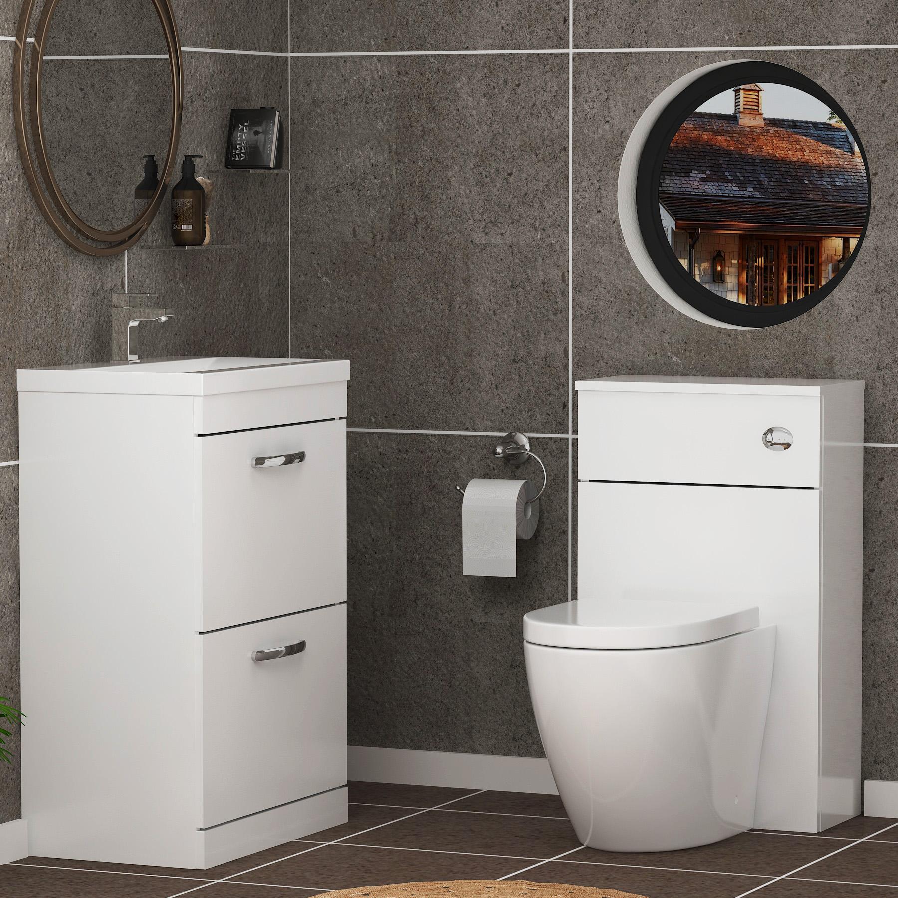 Turin 2-Drawer Gloss White Mid-Edge Floor Standing Bathroom Furniture Pack - Elva Toilet