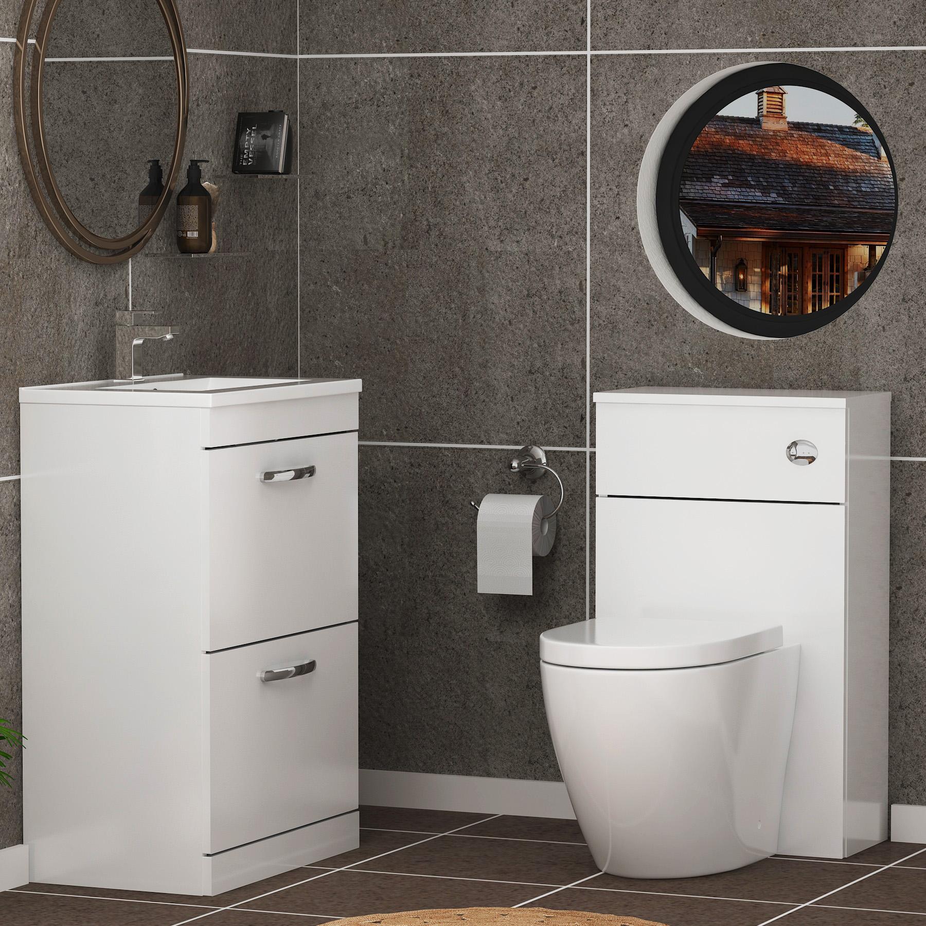 Turin 2-Drawer Gloss White Minimalist Floor Standing Bathroom Furniture Pack - Elva Toilet