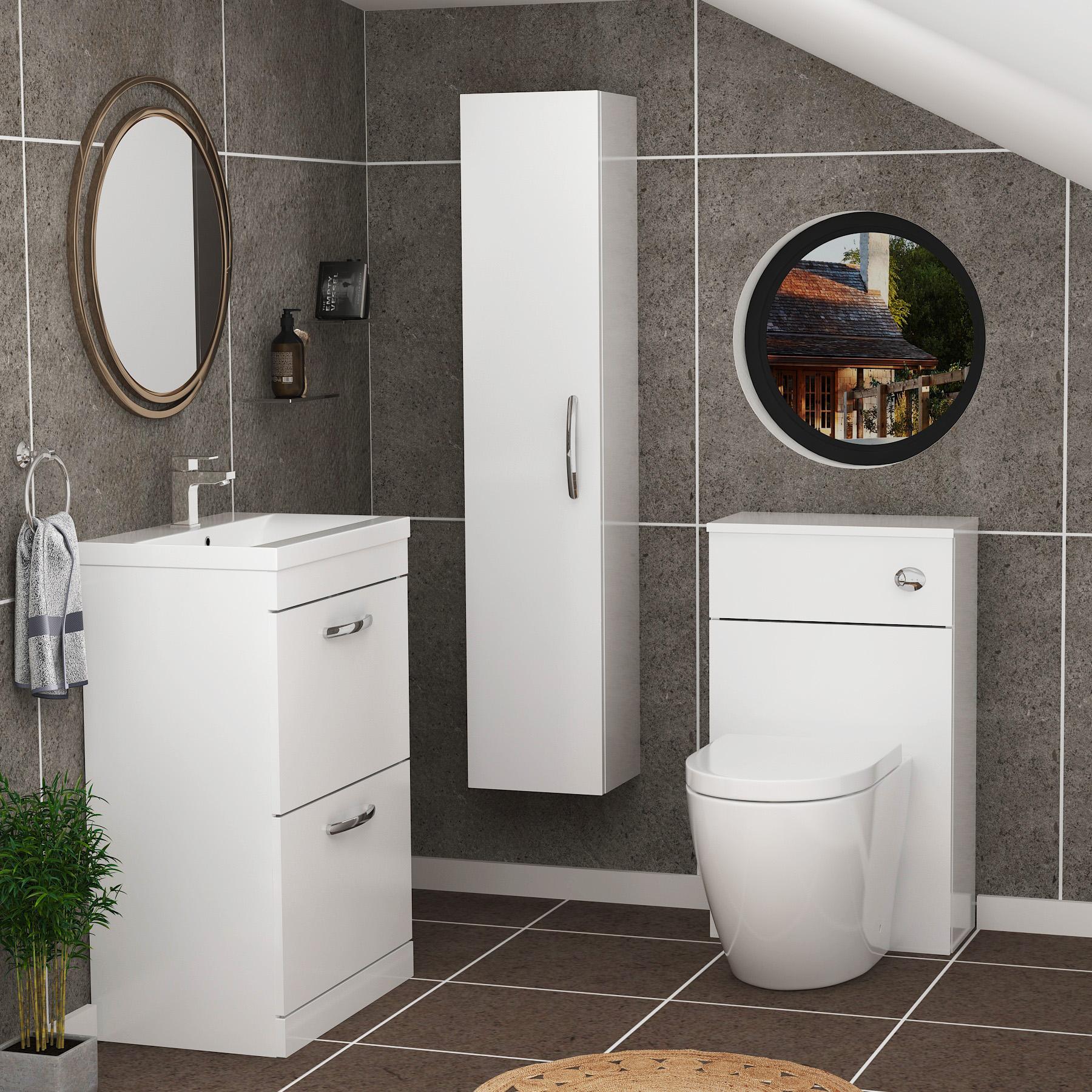 Turin 2-Drawer Gloss White Mid-Edge Floor Standing Bathroom Furniture Pack - Elva Toilet