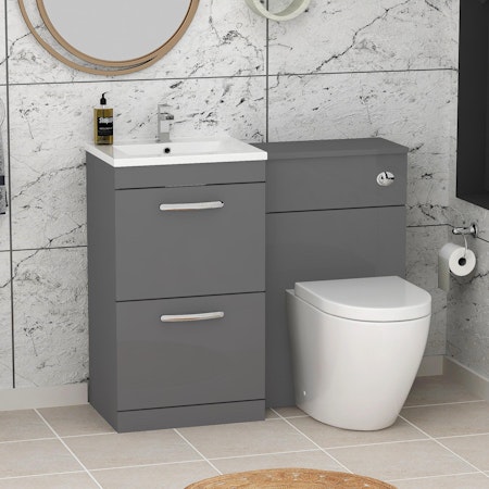 1000mm Indigo Grey Gloss 2 Drawer Furniture Pack with Minimalist Basin & Abacus Back to Wall Toilet