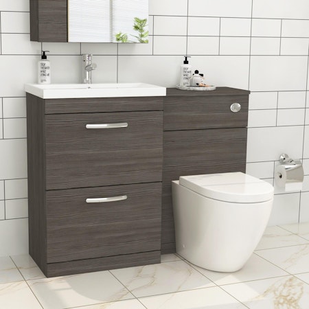 Turin 2-Drawer Grey Elm Mid-Edge Floor Standing Bathroom Furniture Pack - Abacus Toilet