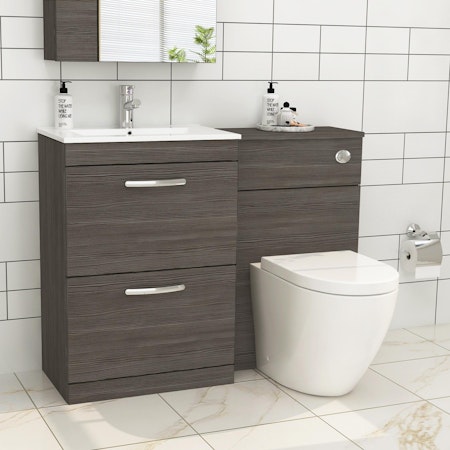Turin 2-Drawer Grey Elm Minimalist Floor Standing Bathroom Furniture Pack - Abacus Toilet