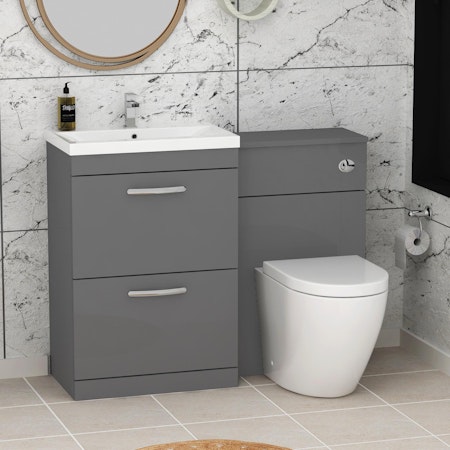 1100mm Indigo Grey Gloss 2 Drawer Furniture Pack with Mid Edge Basin & Abacus Back to Wall Toilet