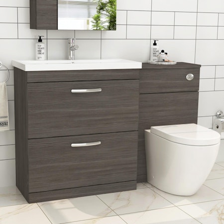 1300mm Grey Elm 2 Drawer Furniture Pack with Mid Edge Basin & Abacus Back to Wall Toilet
