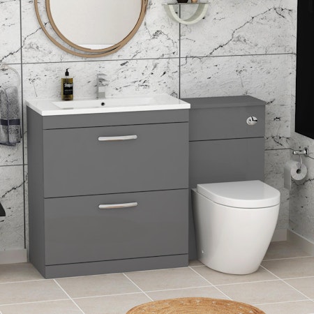 1300mm Indigo Grey Gloss 2 Drawer Furniture Pack with Minimalist Basin & Abacus Back to Wall Toilet