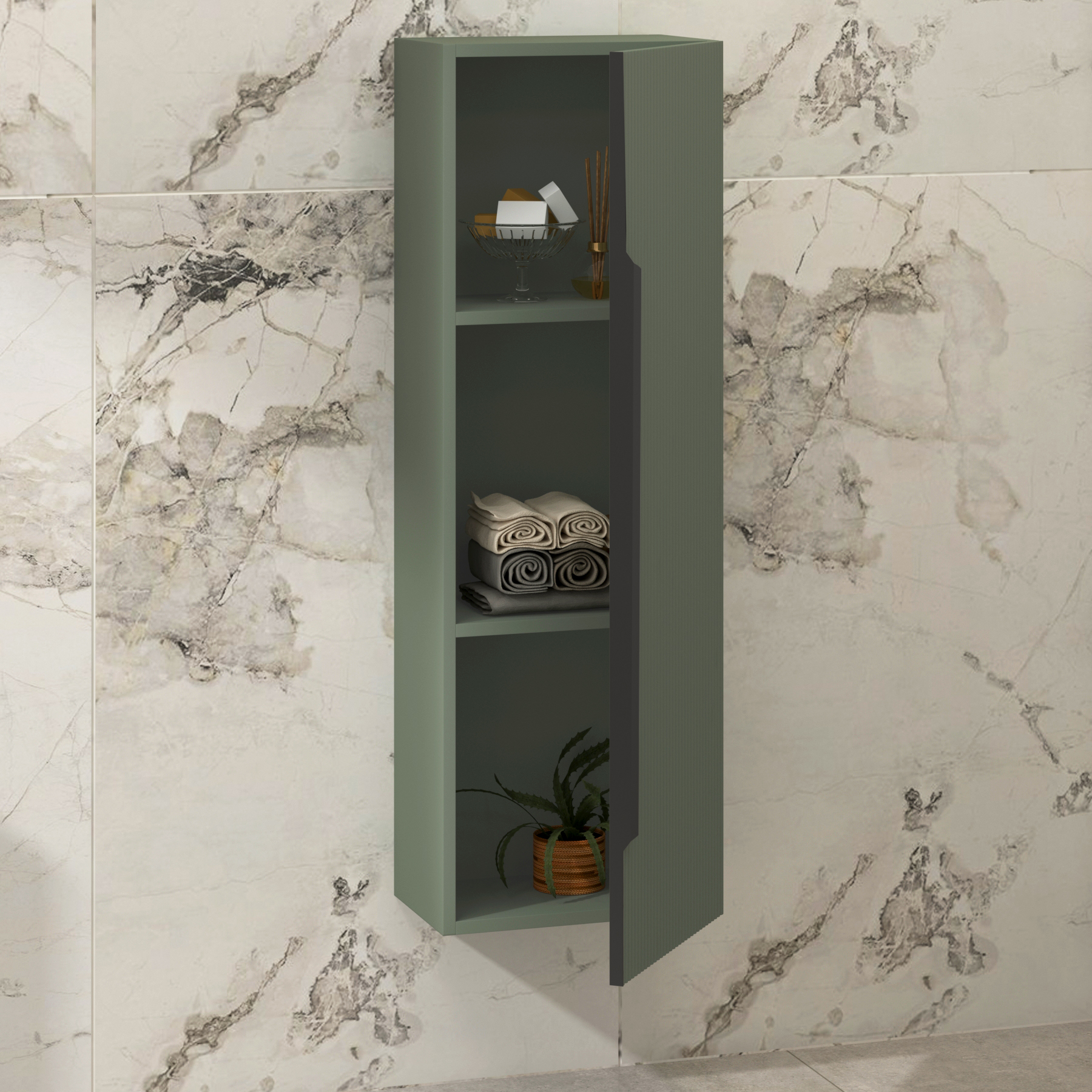 Evora 1200 x 400mm Sage Green Single Door  Wall Hung Tall Unit Multiple Handles